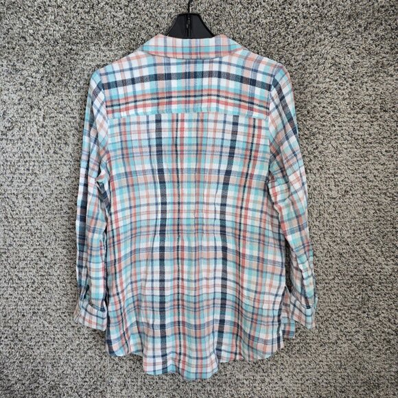 Soft Surroundings Top Womens PM Petite Medium Blue Plaid Button Up Collared - Picture 7 of 7